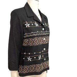 Alfred Dunner Linen Blend  Button Up Beaded Embroidered Petite Sz 10P Black 126K